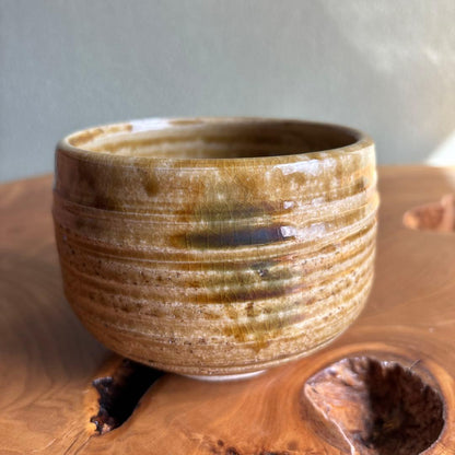 Kiseto Chawan by Seiho - Japanese Matcha Bowl with Amber Yellow Glaze and Iris Motif, Signed Box