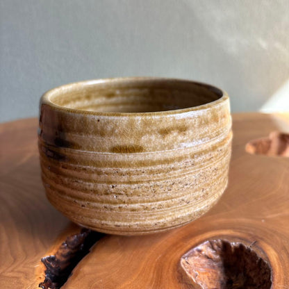Kiseto Chawan by Seiho - Japanese Matcha Bowl with Amber Yellow Glaze and Iris Motif, Signed Box
