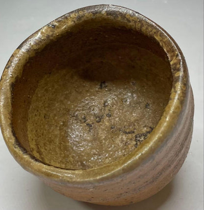 Signed Bizen Guinomi Sake Cup | Wood Fired Stoneware with Ash Glaze and Tomobako