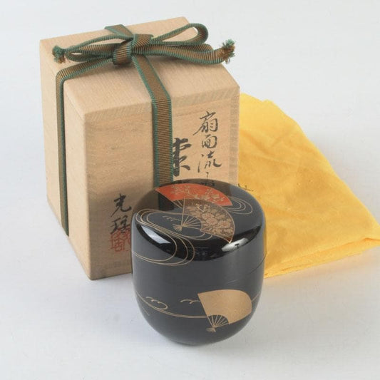 Wajima Lacquer Natsume Tea Caddy — Scattered Fans Maki-e by Maeda Koyo, Tomobako