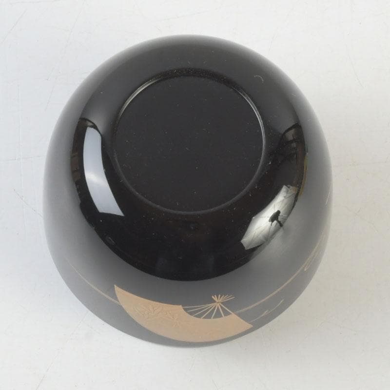 Wajima Lacquer Natsume Tea Caddy — Scattered Fans Maki-e by Maeda Koyo, Tomobako