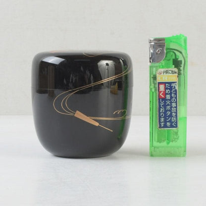 Wajima Lacquer Natsume Tea Caddy — Scattered Fans Maki-e by Maeda Koyo, Tomobako