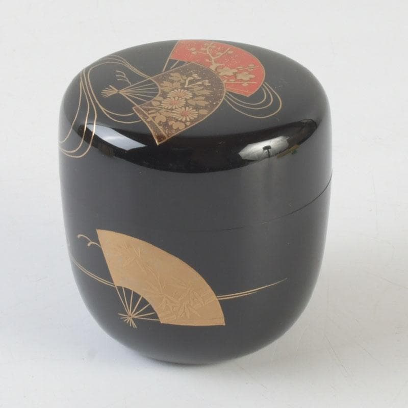 Wajima Lacquer Natsume Tea Caddy — Scattered Fans Maki-e by Maeda Koyo, Tomobako