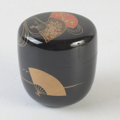 Wajima Lacquer Natsume Tea Caddy — Scattered Fans Maki-e by Maeda Koyo, Tomobako