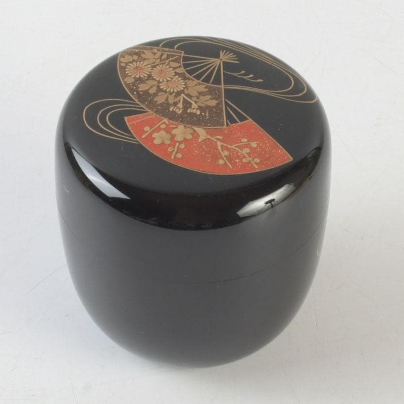 Wajima Lacquer Natsume Tea Caddy — Scattered Fans Maki-e by Maeda Koyo, Tomobako