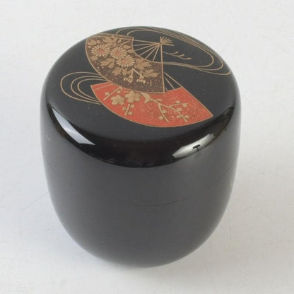 Wajima Lacquer Natsume Tea Caddy — Scattered Fans Maki-e by Maeda Koyo, Tomobako