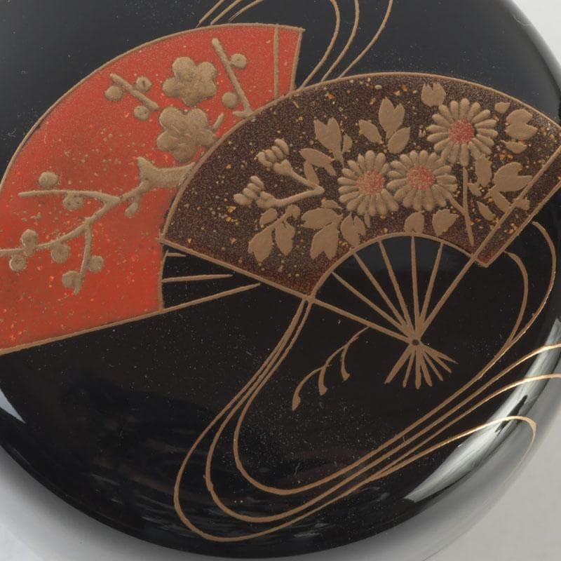 Wajima Lacquer Natsume Tea Caddy — Scattered Fans Maki-e by Maeda Koyo, Tomobako