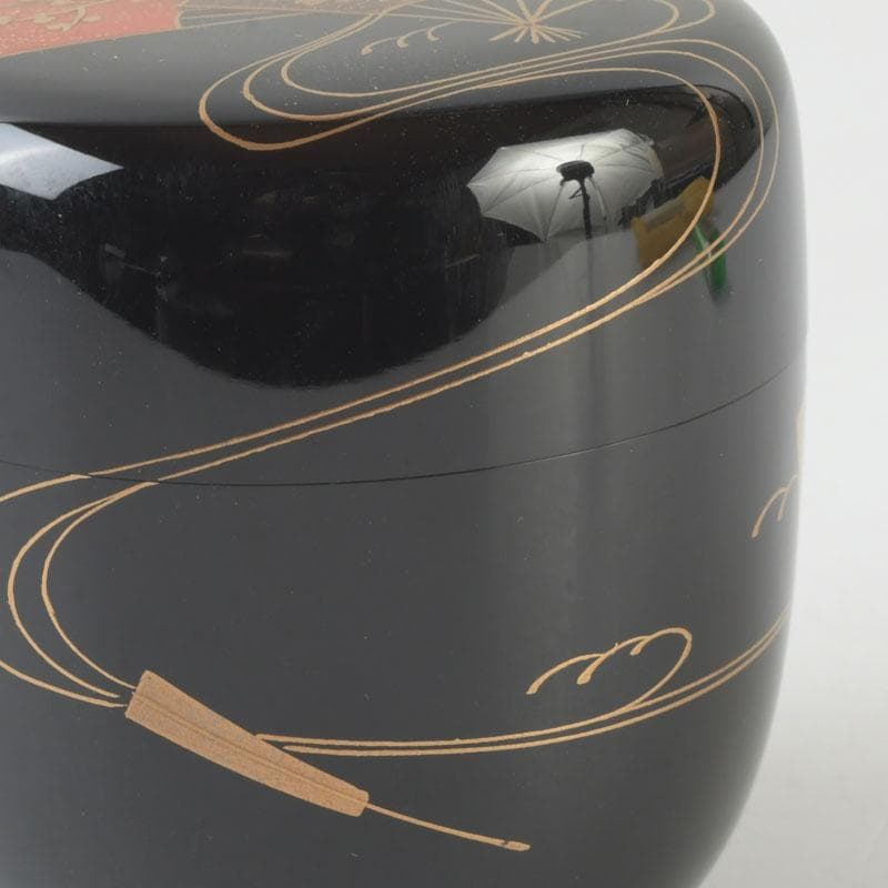 Wajima Lacquer Natsume Tea Caddy — Scattered Fans Maki-e by Maeda Koyo, Tomobako