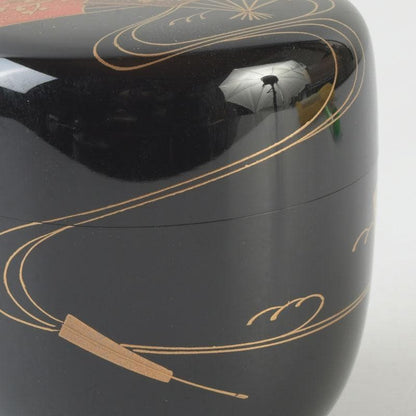 Wajima Lacquer Natsume Tea Caddy — Scattered Fans Maki-e by Maeda Koyo, Tomobako