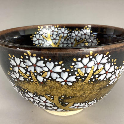 Zeze Ware Night Cherry Blossom Tea Bowl by Kagerou-en - Iro-e Yozakura Chawan