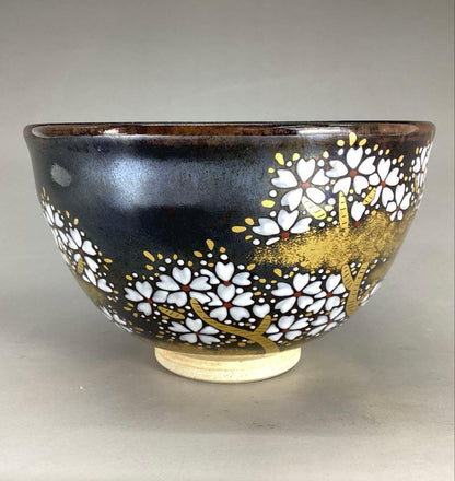 Zeze Ware Night Cherry Blossom Tea Bowl by Kagerou-en - Iro-e Yozakura Chawan