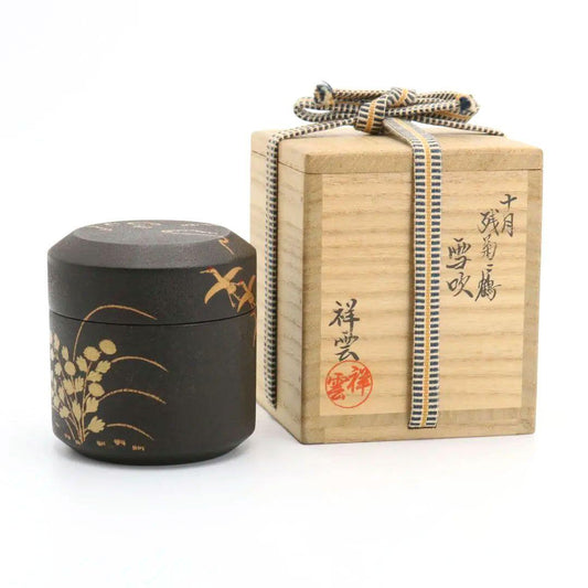 Yukifuki Nakatsugi Tea Caddy by Shoun - Crane and Chrysanthemum Maki-e