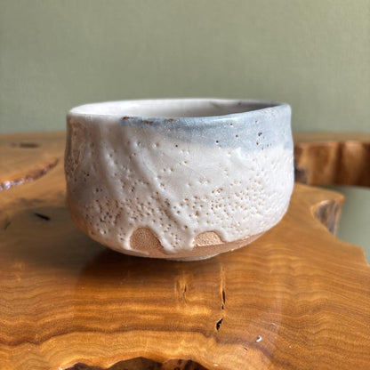 Shino Ware Matcha Tea Bowl by Listed Artist — Feldspar White Glaze with Hiiro, Signed Tomobako