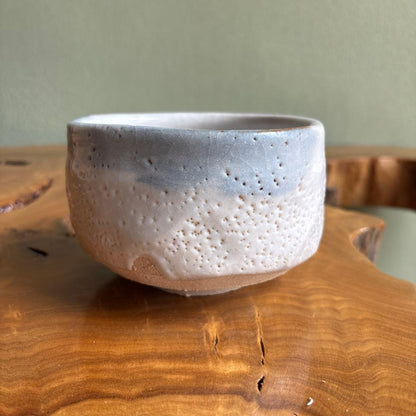 Shino Ware Matcha Tea Bowl by Listed Artist — Feldspar White Glaze with Hiiro, Signed Tomobako