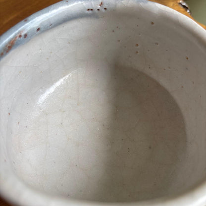 Shino Ware Matcha Tea Bowl by Listed Artist — Feldspar White Glaze with Hiiro, Signed Tomobako