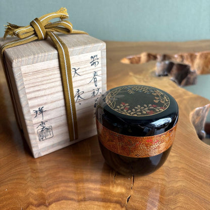 Ō-Natsume Shunshū Maki-e Tea Caddy – Nashiji Gold Band – Okuhara Shōun – Spring Autumn – Japan