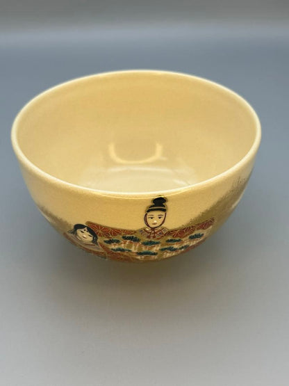 Ninsei-Style Standing Hina Dolls Chawan Tea Bowl by Tanaka Juho