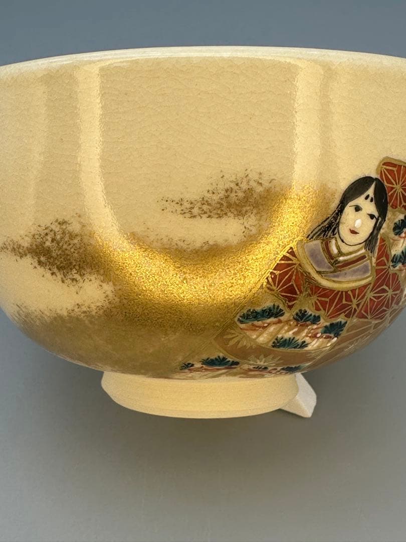 Ninsei-Style Standing Hina Dolls Chawan Tea Bowl by Tanaka Juho