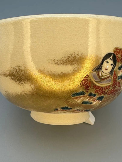 Ninsei-Style Standing Hina Dolls Chawan Tea Bowl by Tanaka Juho