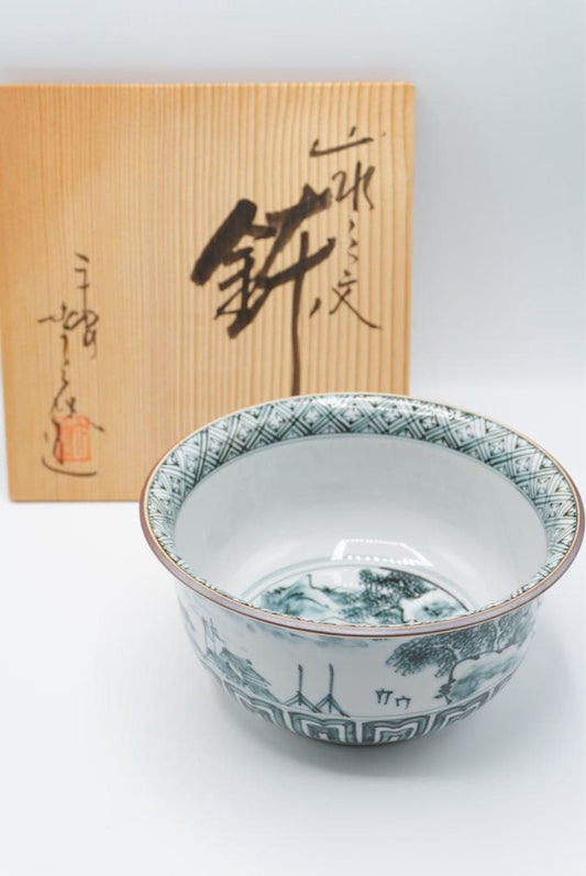 Murata Konosuke Rokusai Kiln — Sometsuke Landscape Hachi, Scholar Figures on Horseback, Tomobako