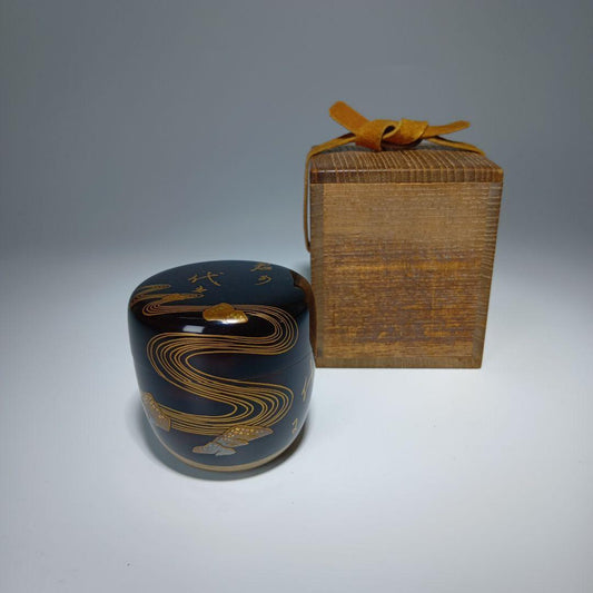 Lacquer Maki-e Natsume Kimigayo — Dark Blue-Black, Gold Flowing Water, Signed