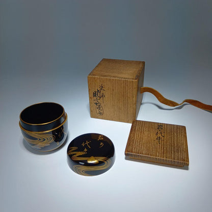 Lacquer Maki-e Natsume Kimigayo — Dark Blue-Black, Gold Flowing Water, Signed