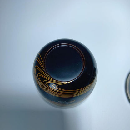 Lacquer Maki-e Natsume Kimigayo — Dark Blue-Black, Gold Flowing Water, Signed