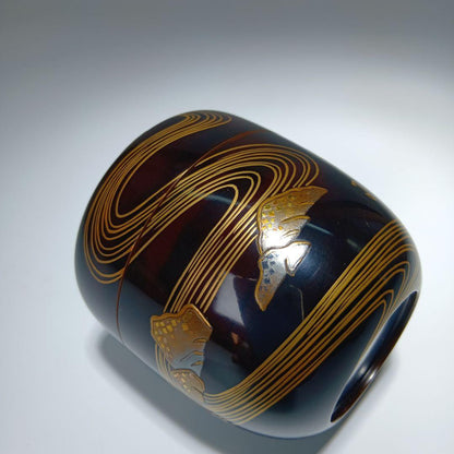 Lacquer Maki-e Natsume Kimigayo — Dark Blue-Black, Gold Flowing Water, Signed