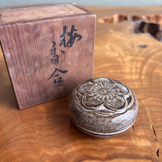 Antique Kogo Incense Container | Ume Plum Blossom Relief | Einosuke | Aged Tomobako
