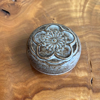 Antique Kogo Incense Container | Ume Plum Blossom Relief | Einosuke | Aged Tomobako