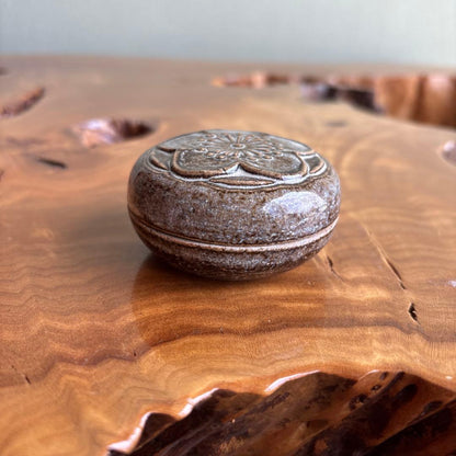 Antique Kogo Incense Container | Ume Plum Blossom Relief | Einosuke | Aged Tomobako