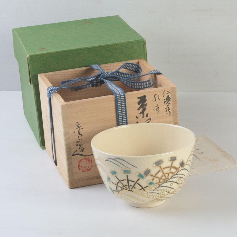 Tsuguji Suzan Ninsei-Style Tea Bowl | Water Wheel, Waves, Willow | Kyoto Tradition | Tomobako