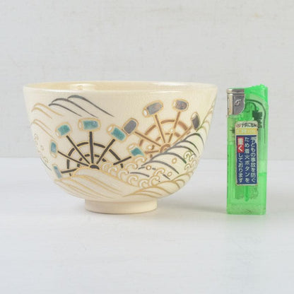 Tsuguji Suzan Ninsei-Style Tea Bowl | Water Wheel, Waves, Willow | Kyoto Tradition | Tomobako