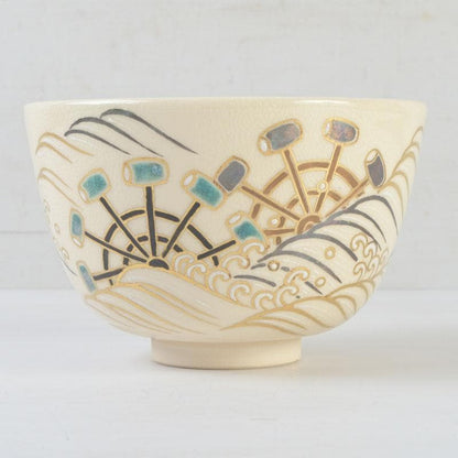 Tsuguji Suzan Ninsei-Style Tea Bowl | Water Wheel, Waves, Willow | Kyoto Tradition | Tomobako