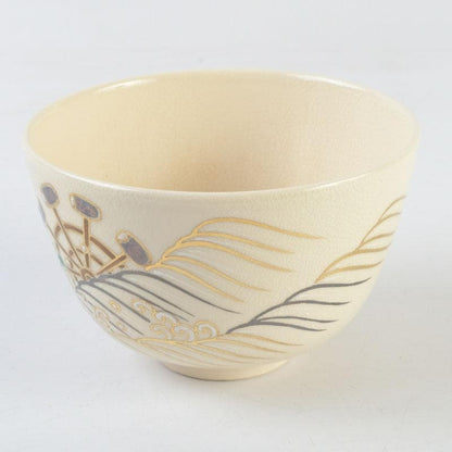 Tsuguji Suzan Ninsei-Style Tea Bowl | Water Wheel, Waves, Willow | Kyoto Tradition | Tomobako