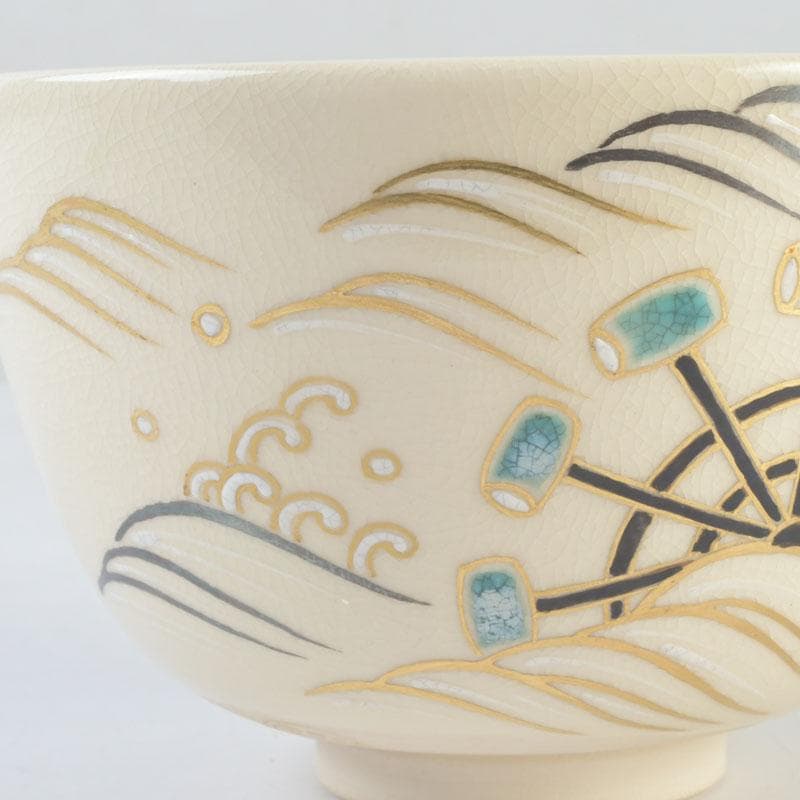 Tsuguji Suzan Ninsei-Style Tea Bowl | Water Wheel, Waves, Willow | Kyoto Tradition | Tomobako