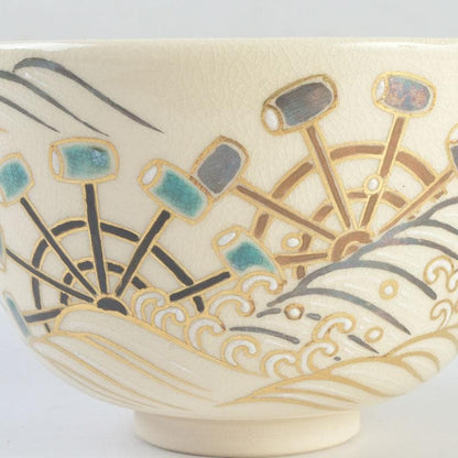 Tsuguji Suzan Ninsei-Style Tea Bowl | Water Wheel, Waves, Willow | Kyoto Tradition | Tomobako