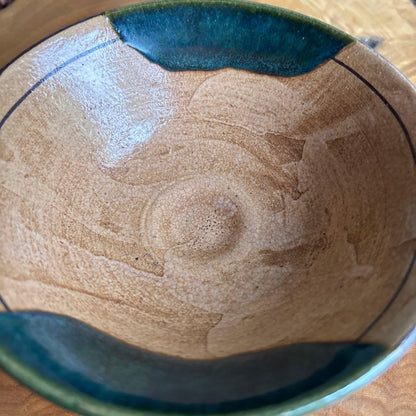 E-Oribe Hira Chawan Japanese Matcha Tea Bowl — Iron Brush Reed Motif, Green Copper Glaze, Mino Ware Studio Pottery