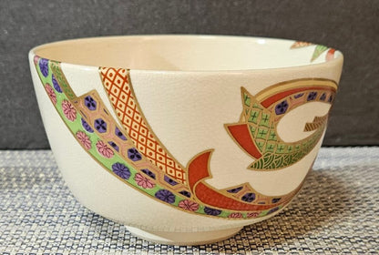 Nishio Zuiho Kinran-iro-e Noshi Design Tea Bowl — Kyo-yaki Chawan