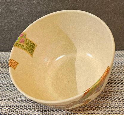 Nishio Zuiho Kinran-iro-e Noshi Design Tea Bowl — Kyo-yaki Chawan