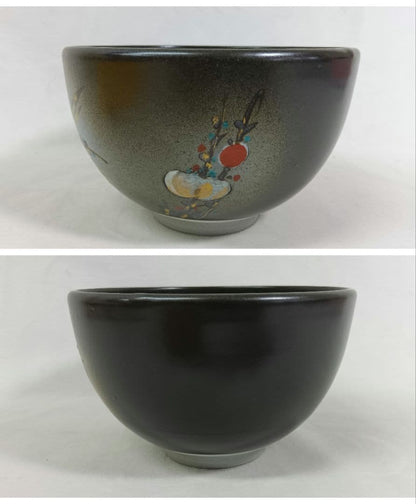 Ash-Glaze Matcha Chawan with Plum Blossom Motif, Signed Wooden Box
