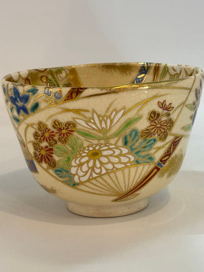 Japanese Matcha Bowl Kyo Ware | Oshikoji Kiln Fan Motif Peony Chrysanthemum Gold Overglaze | Chawan with Original Box