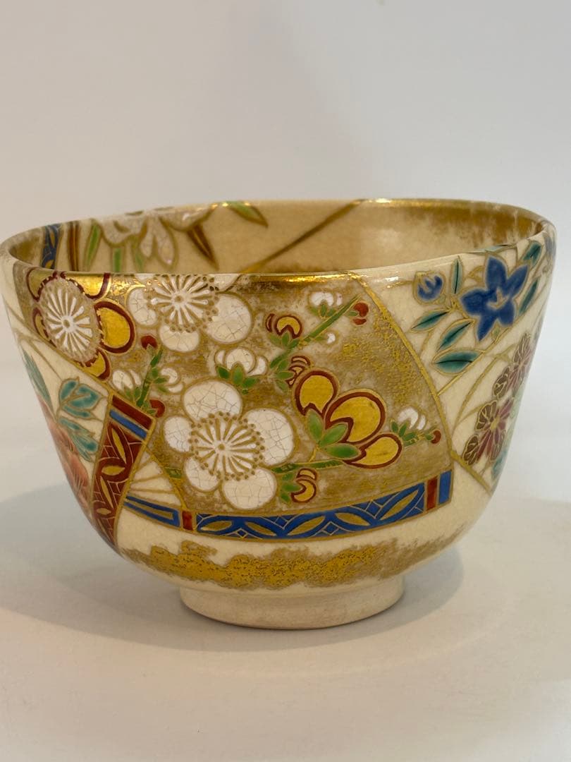 Japanese Matcha Bowl Kyo Ware | Oshikoji Kiln Fan Motif Peony Chrysanthemum Gold Overglaze | Chawan with Original Box