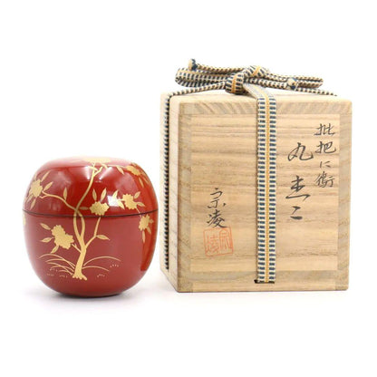 Red Lacquer Maru-Natsume Tea Caddy by Tanaka Soryo - Gold Maki-e Loquat and Plovers