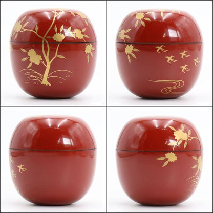 Red Lacquer Maru-Natsume Tea Caddy by Tanaka Soryo - Gold Maki-e Loquat and Plovers