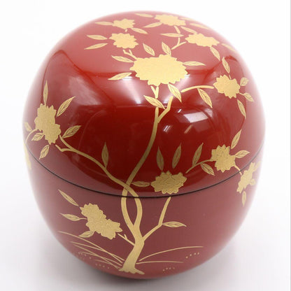 Red Lacquer Maru-Natsume Tea Caddy by Tanaka Soryo - Gold Maki-e Loquat and Plovers