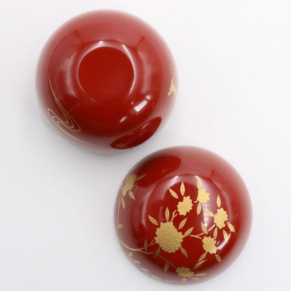 Red Lacquer Maru-Natsume Tea Caddy by Tanaka Soryo - Gold Maki-e Loquat and Plovers