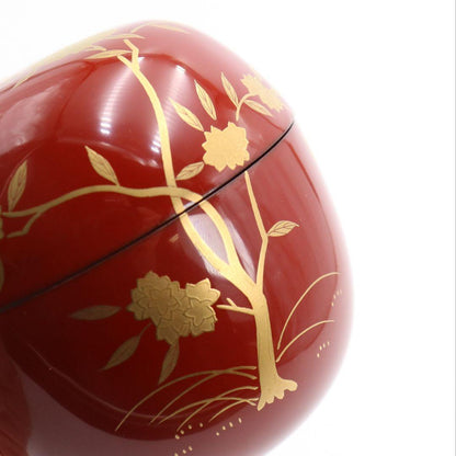 Red Lacquer Maru-Natsume Tea Caddy by Tanaka Soryo - Gold Maki-e Loquat and Plovers