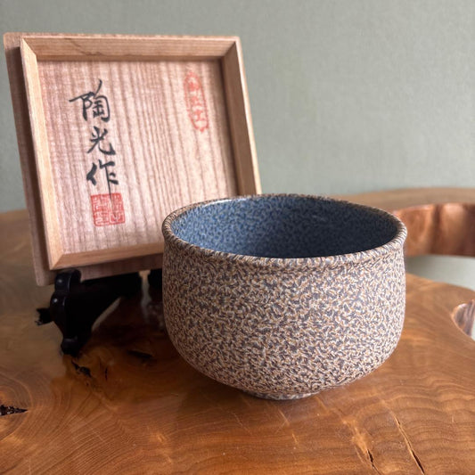 Nashiji Textured Matcha Bowl by Yokota Kenraku (Toko) — Omaki Kiln, Deep Indigo Interior, Signed Box