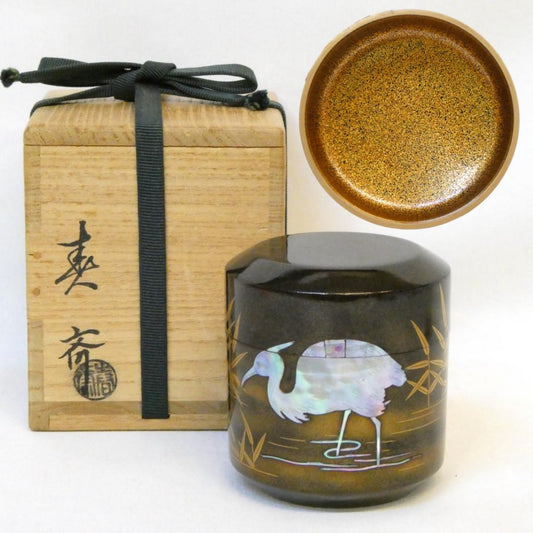 Kaga Maki-e Natsume Tea Caddy — Raden Heron & Reed by Maehata Shunsai II, Signed Tomobako